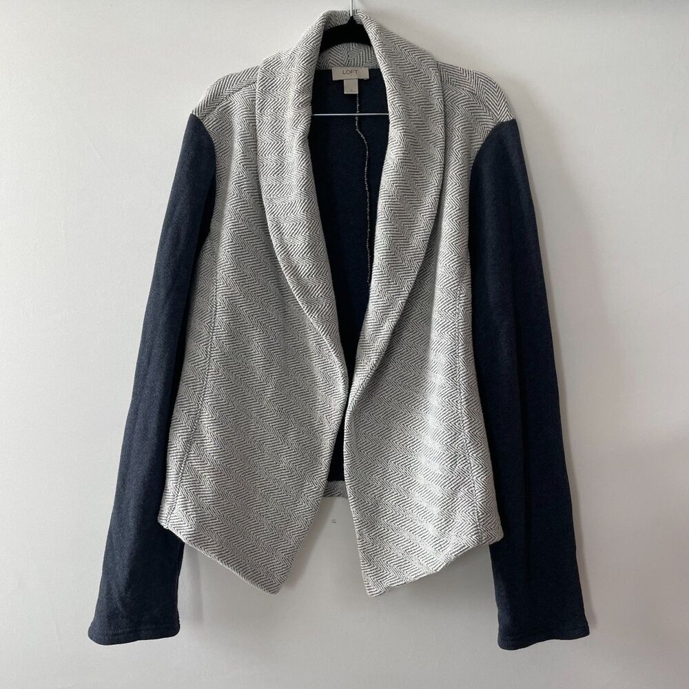 Ann Taylor LOFT Womens XL Herringbone Open Front Cardigan Blazer Gray Colorblock